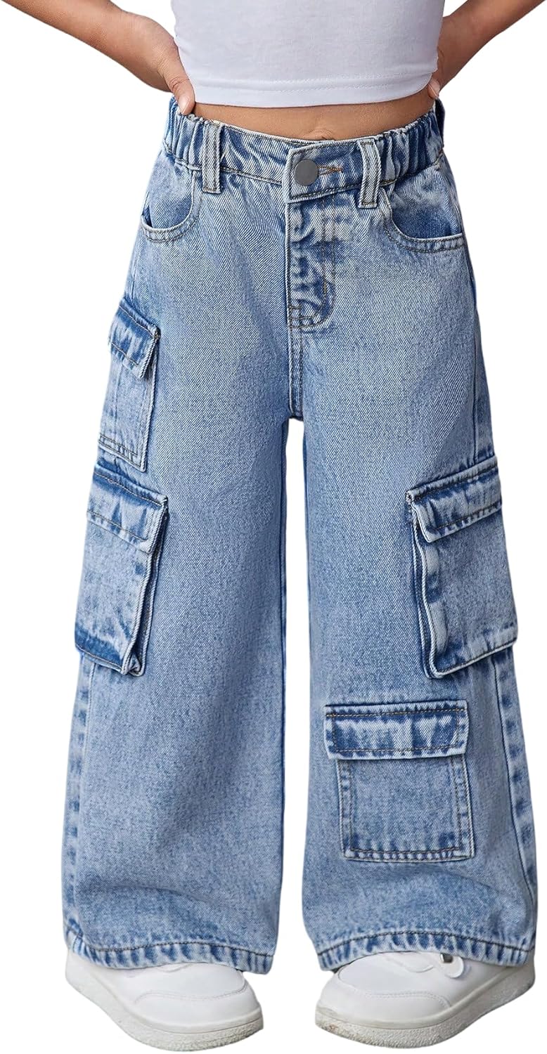 WDIRARA Toddler Girl's Wide Leg Cargo Jeans High Waisted Baggy Denim Pants - Image 1